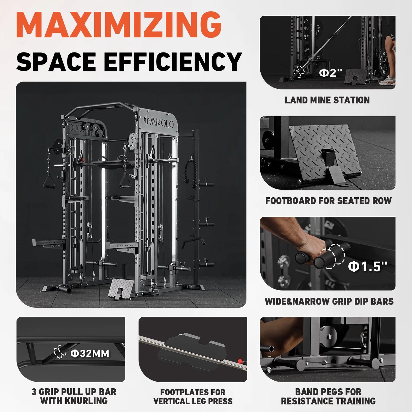 2000LB All-In-One Smith Machine Power Cage – Vertical Leg Press, Dual Pulley Cable Crossover, Squat Rack & Weight Bench for Full-Body Home Gym Training
