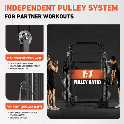 2000LB All-In-One Smith Machine Power Cage – Vertical Leg Press, Dual Pulley Cable Crossover, Squat Rack & Weight Bench for Full-Body Home Gym Training