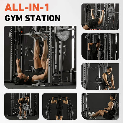 2000LB All-In-One Smith Machine Power Cage – Vertical Leg Press, Dual Pulley Cable Crossover, Squat Rack & Weight Bench for Full-Body Home Gym Training