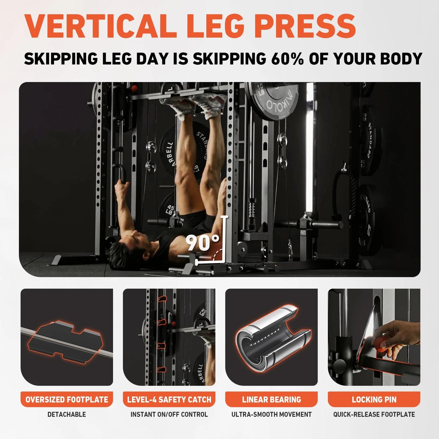 2000LB All-In-One Smith Machine Power Cage – Vertical Leg Press, Dual Pulley Cable Crossover, Squat Rack & Weight Bench for Full-Body Home Gym Training