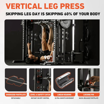 2000LB All-In-One Smith Machine Power Cage – Vertical Leg Press, Dual Pulley Cable Crossover, Squat Rack & Weight Bench for Full-Body Home Gym Training
