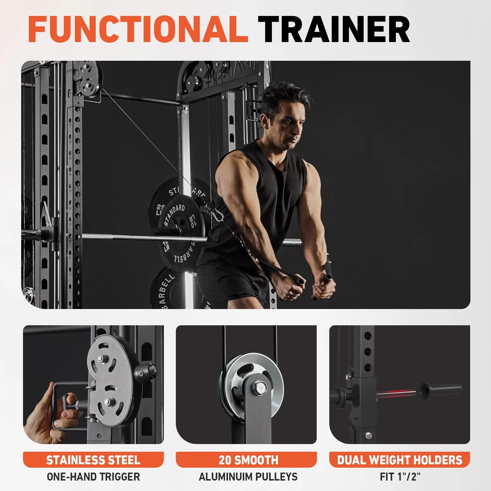 2000LB All-In-One Smith Machine Power Cage – Vertical Leg Press, Dual Pulley Cable Crossover, Squat Rack & Weight Bench for Full-Body Home Gym Training