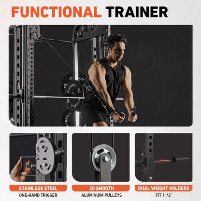 2000LB All-In-One Smith Machine Power Cage – Vertical Leg Press, Dual Pulley Cable Crossover, Squat Rack & Weight Bench for Full-Body Home Gym Training