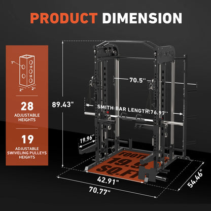 2000LB All-In-One Smith Machine Power Cage – Vertical Leg Press, Dual Pulley Cable Crossover, Squat Rack & Weight Bench for Full-Body Home Gym Training