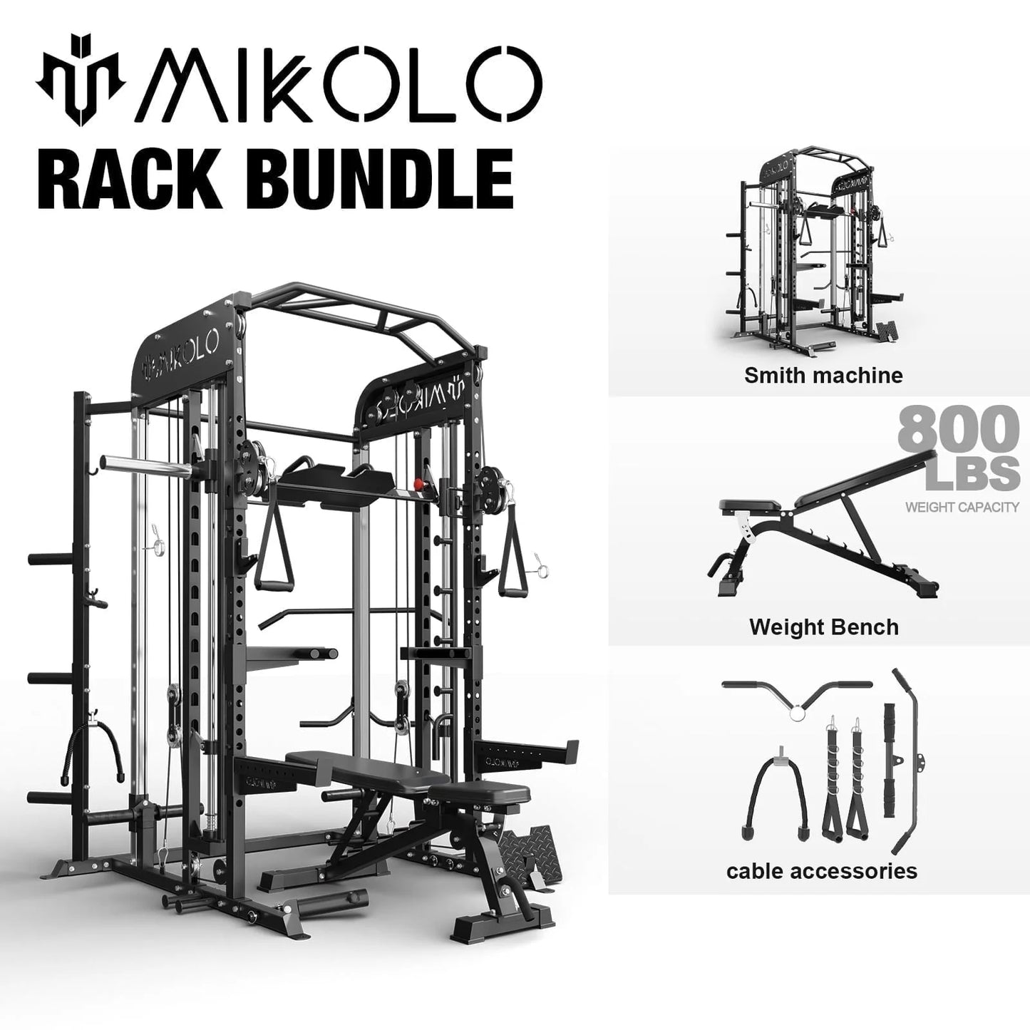 2000LB All-In-One Smith Machine Power Cage – Vertical Leg Press, Dual Pulley Cable Crossover, Squat Rack & Weight Bench for Full-Body Home Gym Training